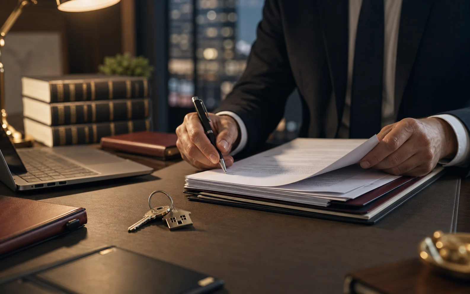 Review of property documents on a law office desk