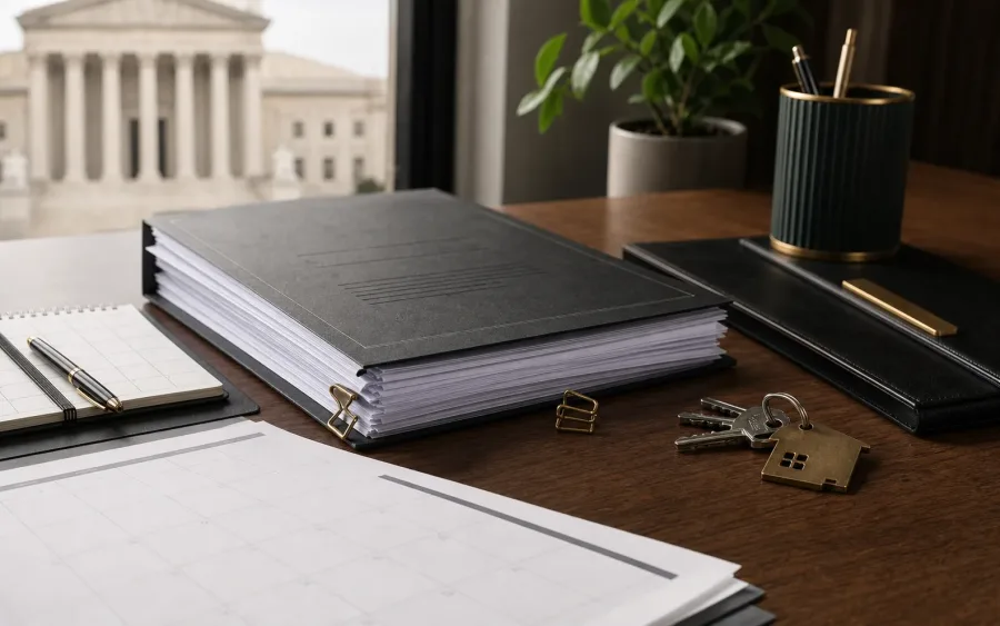 Court file, calendar, and house keys prepared for urgent property relief