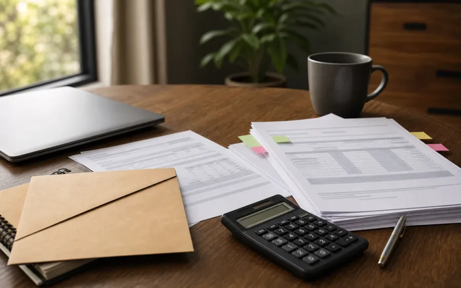 Mortgage statements, calculator, and lender demand papers on a table