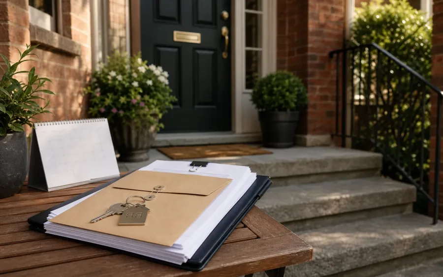 Property documents and keys outside a residential doorway