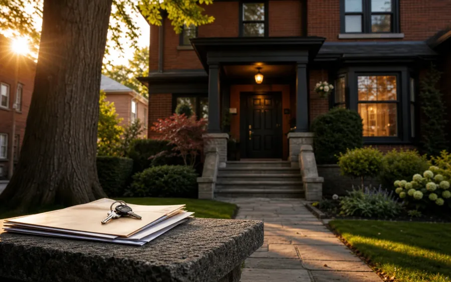 House keys and property documents outside a brick home
